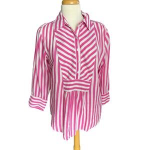 Southern Frock Linen Tunic Long Sleeves Pink White Striped Beachy Coastal Medium
